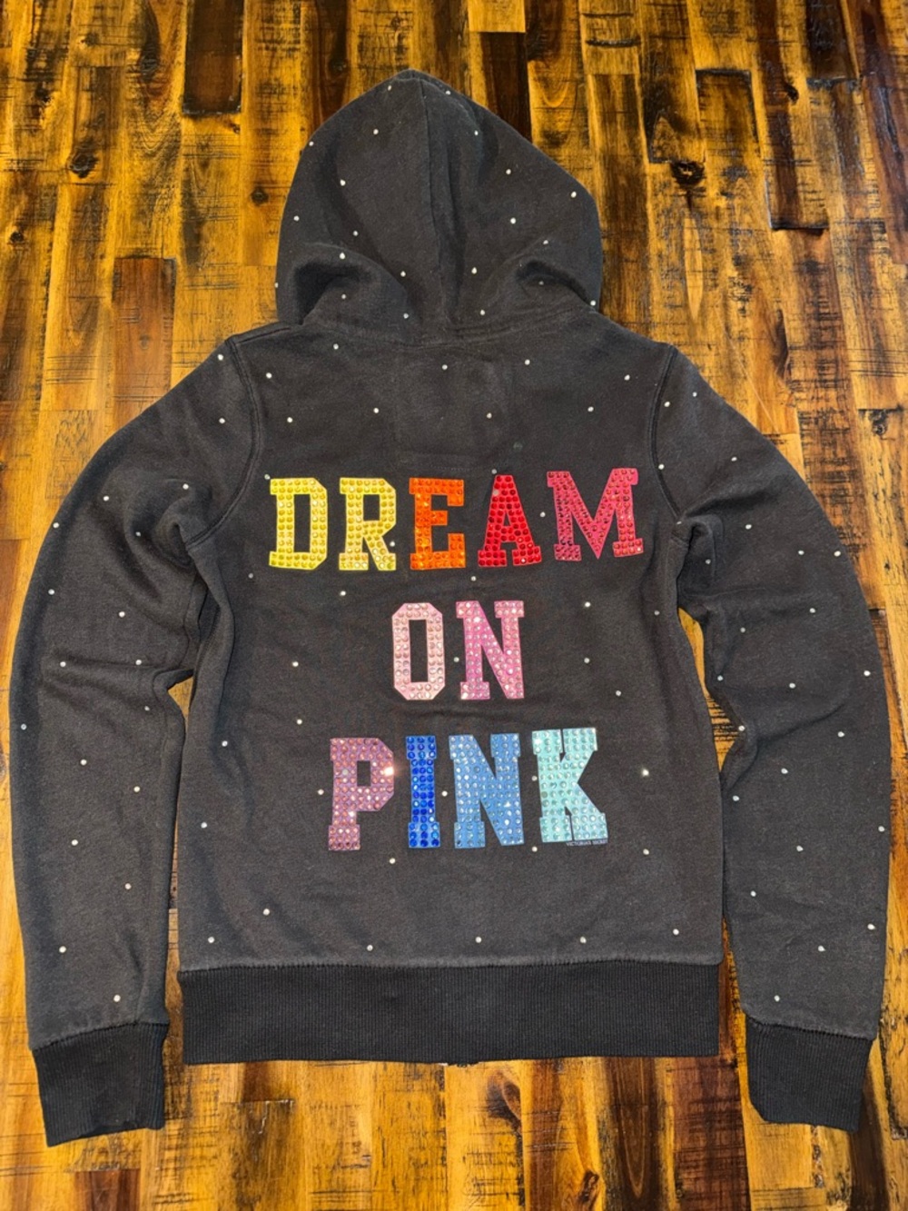 DREAM ON PINK bling rhinestone rainbow whimsy women's zip-up hoodie. black sz S